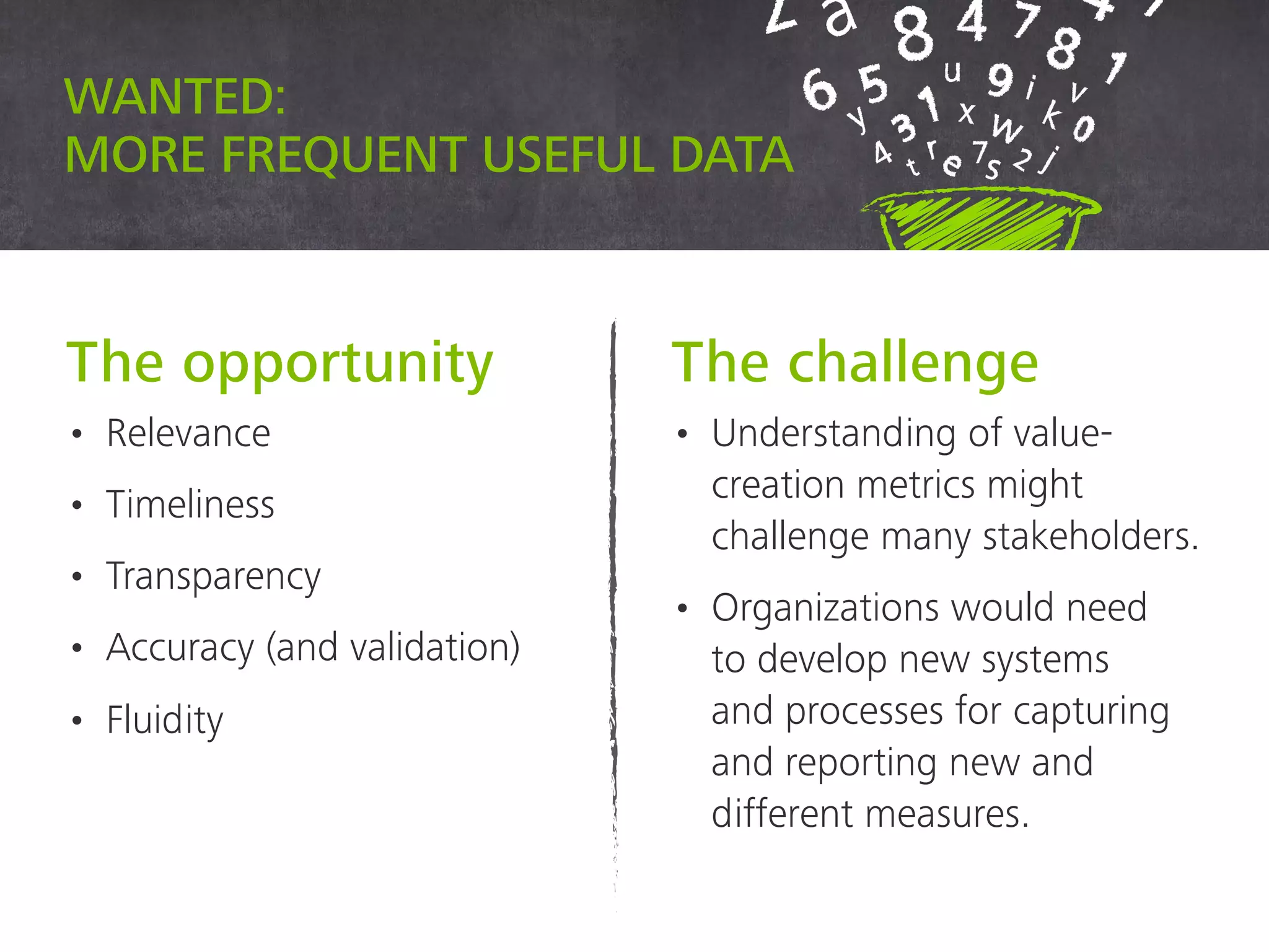 The opportunity
• Relevance
• Timeliness
• Transparency
• Accuracy (and validation)
• Fluidity
The challenge
• Understanding of value-
creation metrics might
challenge many stakeholders.
• Organizations would need
to develop new systems
and processes for capturing
and reporting new and
different measures.
Wanted: more frequent useful data
 