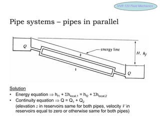 VVR 120 Fluid
VVR 120 Fluid Mechanics
Mechanics
Pipe systems – pipes in parallel
Solution
• Energy equation ⇒ hf1 + Σhlocal,1 = hf2 + Σhlocal,2
• Continuity equation ⇒ Q = Q1 + Q2
(elevation z in reservoirs same for both pipes, velocity V in
reservoirs equal to zero or otherwise same for both pipes)
 