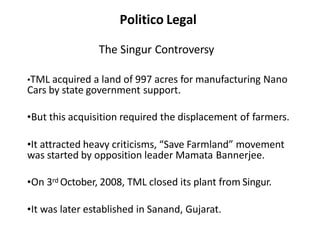 Politico Legal
The Singur Controversy
•TML acquired a land of 997 acres for manufacturing Nano
Cars by state government support.
•But this acquisition required the displacement of farmers.
•It attracted heavy criticisms, “Save Farmland” movement
was started by opposition leader Mamata Bannerjee.
•On 3rd October, 2008, TML closed its plant from Singur.
•It was later established in Sanand, Gujarat.
 