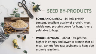 SEED BY-PRODUCTS
• SOYBEAN OIL MEAL- 44-49% protein
content, excellent quality of protein, most
widely used protein source for hogs, is very
palatable to hogs.
• WHOLE SOYBEAN- about 37% protein
higher in energy and lower in protein that oil
meal, cannot feed raw soybeans to hogs due
enzyme reactions.
 