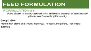 Group 1 -50%
Protein rich plants and shrubs: Flemingia, Rensonii, Indigofera, Trichantera
gigantea
 