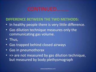 CONTINUED………
DIFFERENCE BETWEEN THE TWO METHODS:
• In healthy people there is very little difference.
• Gas dilution technique measures only the
communicating gas volume.
• Thus,
• Gas trapped behind closed airways
• Gas in pneumothorax
• => are not measured by gas dilution technique,
but measured by body plethysmograph
www.anaesthesia.co.in
 