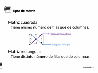 Tipos de matriz
Matriz cuadrada
Matriz rectangular
Tiene distinto número de filas que de columnas
Diagonal principal
Tiene mismo número de filas que de columnas.
Diagonal secundaria
 