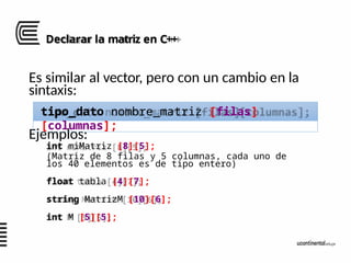 Declarar la matriz en C++
Es similar al vector, pero con un cambio en la
sintaxis:
Ejemplos:
int miMatriz [8][5];
(Matriz de 8 filas y 5 columnas, cada uno de
los 40 elementos es de tipo entero)
float tabla [4][7];
string MatrizM [10][6];
int M [5][5];
tipo_dato nombre_matriz [filas]
[columnas];
 