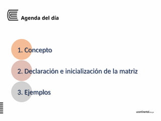 Agenda del día
1. Concepto
2. Declaración e inicialización de la matriz
3. Ejemplos
 