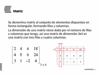 Matriz:
Se denomina matriz al conjunto de elementos dispuestos en
forma rectangular, formando filas y columnas.
La dimensión de una matriz viene dada por el número de filas
y columnas que tenga, así una matriz de dimensión 3x4 es
una matriz con tres filas y cuatro columnas.
 