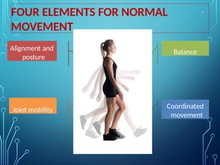 FOUR ELEMENTS FOR NORMAL
MOVEMENT
Balance
Coordinated
movement
Alignment and
posture
Joint mobility
3
 