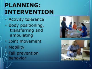 PLANNING:
INTERVENTION
39
• Activity tolerance
• Body positioning,
transferring and
ambulating
• Joint movement
• Mobility
• Fall prevention
behavior
 