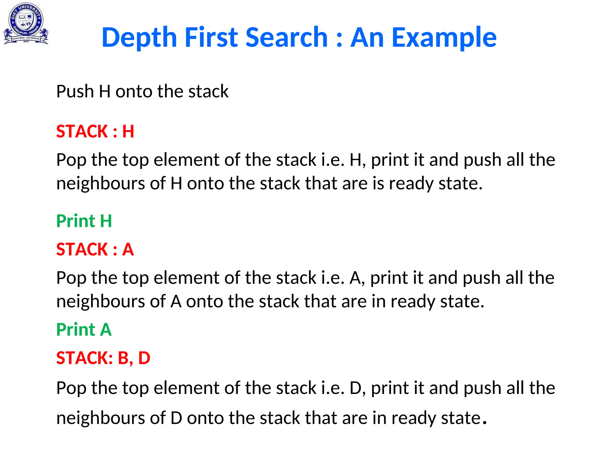 Depth First Search : An Example
Push H onto the stack
STACK : H
Pop the top element of the stack i.e. H, print it and push all the
neighbours of H onto the stack that are is ready state.
Print H
STACK : A
Pop the top element of the stack i.e. A, print it and push all the
neighbours of A onto the stack that are in ready state.
Print A
STACK: B, D
Pop the top element of the stack i.e. D, print it and push all the
neighbours of D onto the stack that are in ready state.
 