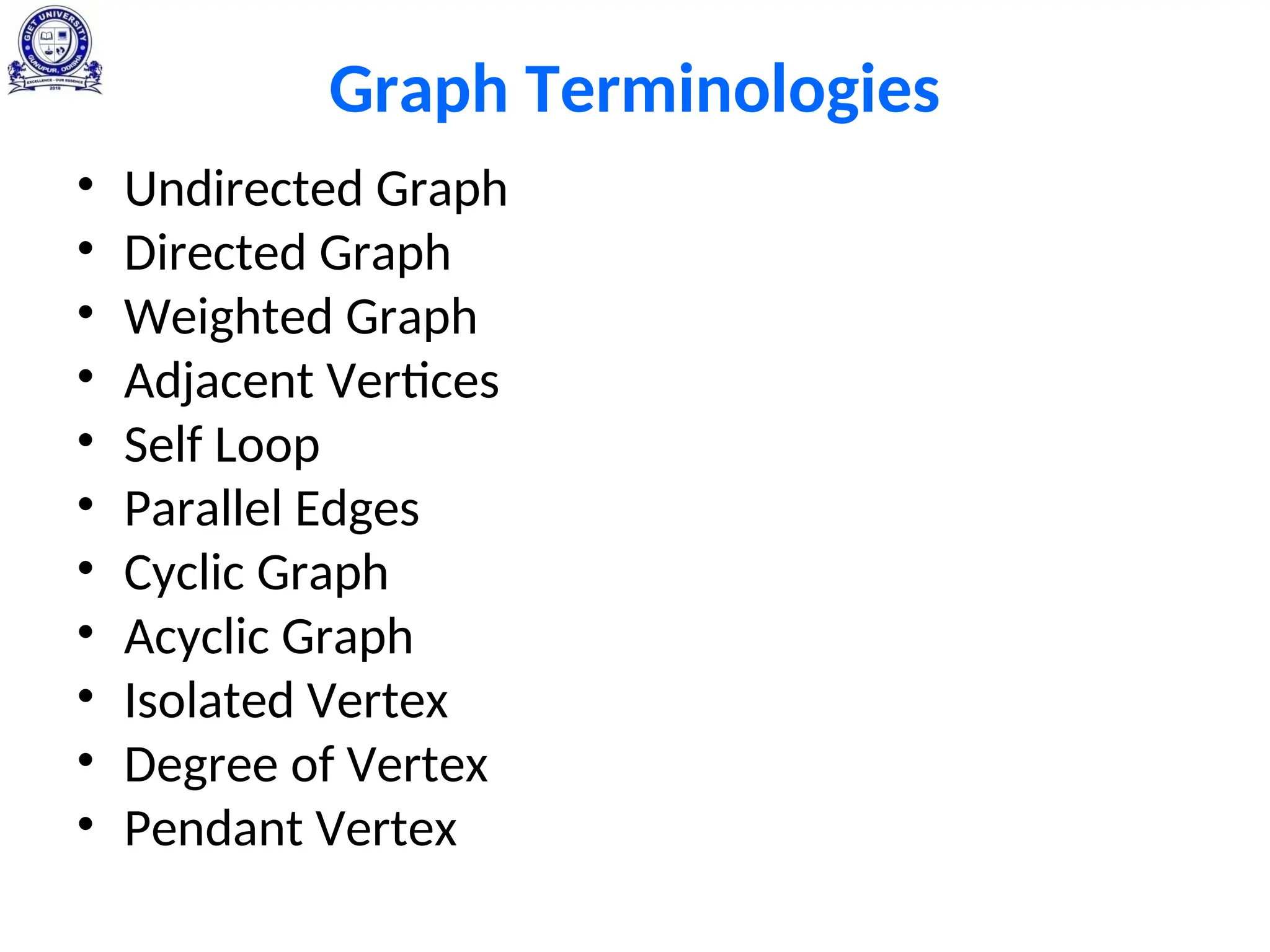 Graph Terminologies
• Undirected Graph
• Directed Graph
• Weighted Graph
• Adjacent Vertices
• Self Loop
• Parallel Edges
• Cyclic Graph
• Acyclic Graph
• Isolated Vertex
• Degree of Vertex
• Pendant Vertex
 