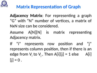 Matrix Representation of Graph
Adjacency Matrix: For representing a graph
“G” with “N” number of vertices, a matrix of
NxN size can be considered.
Assume A[N][N] is matrix representing
Adjacency matrix.
If “i” represents row position and “j”
represents column position, then if there is an
edge from Vi to Vj , Then A[i][j] = 1 else A[i]
[j] = 0 .
 