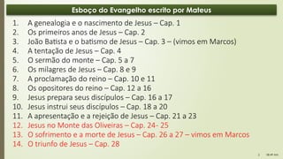 08:49 AM
2
Esboço do Evangelho escrito por Mateus
1. A genealogia e o nascimento de Jesus – Cap. 1
2. Os primeiros anos de Jesus – Cap. 2
3. João Batista e o batismo de Jesus – Cap. 3 – (vimos em Marcos)
4. A tentação de Jesus – Cap. 4
5. O sermão do monte – Cap. 5 a 7
6. Os milagres de Jesus – Cap. 8 e 9
7. A proclamação do reino – Cap. 10 e 11
8. Os opositores do reino – Cap. 12 a 16
9. Jesus prepara seus discípulos – Cap. 16 a 17
10. Jesus instrui seus discípulos – Cap. 18 a 20
11. A apresentação e a rejeição de Jesus – Cap. 21 a 23
12. Jesus no Monte das Oliveiras – Cap. 24- 25
13. O sofrimento e a morte de Jesus – Cap. 26 a 27 – vimos em Marcos
14. O triunfo de Jesus – Cap. 28
 