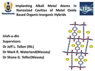 Implanting Alkali Metal Atoms in
        Nanosized Cavities of Metal Oxide
        Based Organic-Inorganic Hybrids




Islah-u-din
Supervisors
Dr Jeff L. Tallon (IRL)
Dr Mark R. Waterland(Massey)
Dr Shane G. Telfer(Massey)
 
