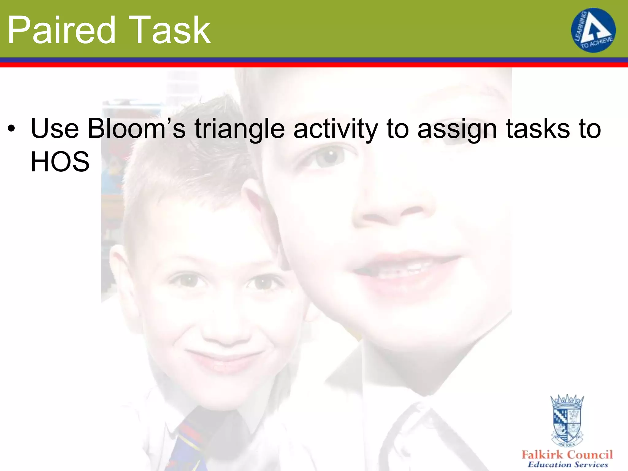 Paired Task

• Use Bloom’s triangle activity to assign tasks to
  HOS
 