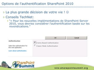 Options de l'authentification SharePoint 2010

  La plus grande décision de votre vie ! 
  Conseils TechNet:
    “« Pour ...