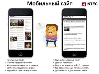 Мобильный сайт:

− Нечитаемый текст
− Мелкие неудобные ссылки
− Медленно загружается и тормозит
− Сайт не помещается на экране
− Неудобный сайт = минус клиент

+ Крупный и читаемый текст
+ Удобная навигация
+ Быстро загружается за 2—3 секунды
+ Под размер пальца, легко нажимать
+ Удобный сайт = довольный клиент

 