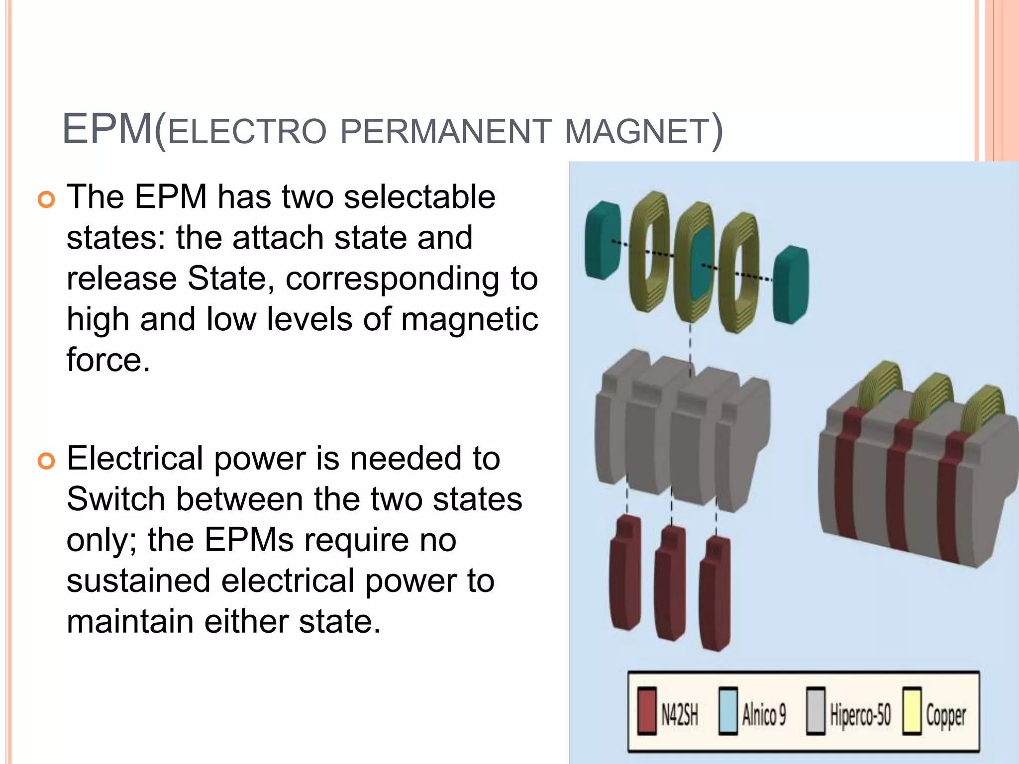 EPM(ELECTRO PERMANENT MAGNET)
 The EPM has two selectable
states: the attach state and
release State, corresponding to
high and low levels of magnetic
force.
 Electrical power is needed to
Switch between the two states
only; the EPMs require no
sustained electrical power to
maintain either state.
 