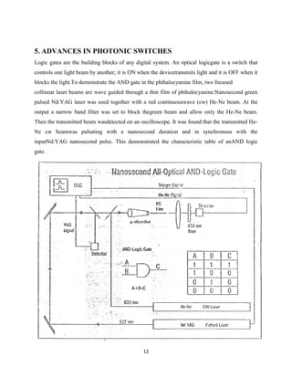 12
5. ADVANCES IN PHOTONIC SWITCHES
Logic gates are the building blocks of any digital system. An optical logicgate is a switch that
controls one light beam by another; it is ON when the devicetransmits light and it is OFF when it
blocks the light.To demonstrate the AND gate in the phthalocyanine film, two focused
collinear laser beams are wave guided through a thin film of phthalocyanine.Nanosecond green
pulsed Nd:YAG laser was used together with a red continuouswave (cw) He-Ne beam. At the
output a narrow band filter was set to block thegreen beam and allow only the He-Ne beam.
Then the transmitted beam wasdetected on an oscilloscope. It was found that the transmitted He-
Ne cw beamwas pulsating with a nanosecond duration and in synchronous with the
inputNd:YAG nanosecond pulse. This demonstrated the characteristic table of anAND logic
gate.
 