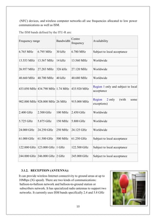 13
(NFC) devices, and wireless computer networks all use frequencies allocated to low power
communications as well as ISM.
The ISM bands defined by the ITU-R are:
Frequency range Bandwidth
Centre
frequency
Availability
6.765 MHz 6.795 MHz 30 kHz 6.780 MHz Subject to local acceptance
13.553 MHz 13.567 MHz 14 kHz 13.560 MHz Worldwide
26.957 MHz 27.283 MHz 326 kHz 27.120 MHz Worldwide
40.660 MHz 40.700 MHz 40 kHz 40.680 MHz Worldwide
433.050 MHz 434.790 MHz 1.74 MHz 433.920 MHz
Region 1 only and subject to local
acceptance
902.000 MHz 928.000 MHz 26 MHz 915.000 MHz
Region 2 only (with some
exceptions)
2.400 GHz 2.500 GHz 100 MHz 2.450 GHz Worldwide
5.725 GHz 5.875 GHz 150 MHz 5.800 GHz Worldwide
24.000 GHz 24.250 GHz 250 MHz 24.125 GHz Worldwide
61.000 GHz 61.500 GHz 500 MHz 61.250 GHz Subject to local acceptance
122.000 GHz 123.000 GHz 1 GHz 122.500 GHz Subject to local acceptance
244.000 GHz 246.000 GHz 2 GHz 245.000 GHz Subject to local acceptance
3.1.2. RECEPTION (ANTENNA):
It can provide wireless Internet connectivity to ground areas at up to
10Mbps (3G speed). There are two kinds of communications:
balloon-to-balloon network and balloon-to-ground station or
subscribers network. It has specialized radio antennas to support two
networks. It currently uses ISM bands specifically 2.4 and 5.8 GHz
 
