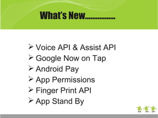 What’s New……………..
 Voice API & Assist API
 Google Now on Tap
 Android Pay
 App Permissions
 Finger Print API
 App Stand By
 