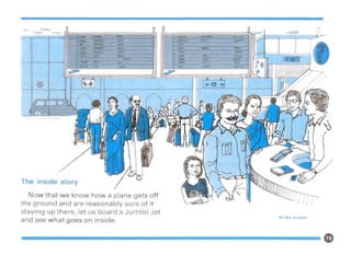 The inside story
Now that we know how a plane gets off
the ground and are reasonably sure of it
staying up there, let us board a Jumbo Jet
and see what goes on insIde. t the aIrport
 