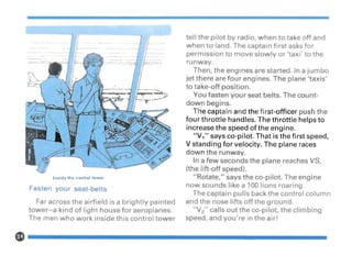 Inside the control tower
Fasten your seat-belts
Far across the airfield is a brightly painted
tower-a kind of light house for aeroplanes.
The men who work inside this control tower
tell the pilot by radio, when to take off and
when to land. The captain first asks for
permission to move slowly or 'taxi' to the
runway.
Then, the engines are started. In a jumbo
jet there are four engines. The plane 'taxis'
to take-off position.
You fasten your seat belts. The count-
down begins.
The captain and the first-officer push the
fou r throttle handles. The throttle helps to
increase the speed of the engine.
"V," says co-pilot. That is the first speed,
V standing for velocity. The plane races
down the runway.
In a few seconds the plane reaches VS,
(the lift-off speed).
"Rotate," says the co-pilot. The engine
now sounds like a 100 lions roaring.
The captain pulls back the control column
and the nose lifts off the ground.
"V2" calls out the co-pilot, the climbing
speed, and you're in the air!
e-------------------
 