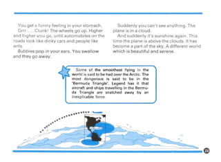 You get a funny feeling in your stomach.
Grrr .... Clunk! The wheels go up. Higher
and higher you go, until automobiles on the
roads look like dinky cars and people like
ants.
Bubbles pop in your ears. You swallow
and they go away.
Suddenly you can't see anything. The
plane is in a cloud.
And suddenly it's sunshine again. This
time the plane is above the clouds. It has
become a part of the sky. A different world
which is beautiful and serene.
•
Some of the smoothest flying in the
world is said to be had over the Arctic. The
most dangerous is said to be in the
'Bermuda Triangle'. Legend has it that
aircraft and ships travelling in the Bermu-
da Triangle are snatched away by an
inexplicable force.
...... "
•••••••
--.-.,.-• - -.:l!lS1!JF~
'" r,<::::::::::--.-r--4--::.
 