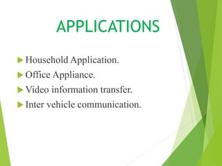 APPLICATIONS
Household Application.
Office Appliance.
Video information transfer.
Inter vehicle communication.