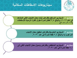 ‫السكانية‬ ‫االسقاطات‬ ‫سيناريوىات‬
‫سٌنارٌو‬1:‫المشاهد‬ ً‫الكل‬ ‫اإلنجاب‬ ‫معدل‬ ‫ثبات‬ ‫بافتراض‬ ‫المرتفع‬ ‫السٌنارٌو‬
‫عام‬ ً‫ف‬2012‫والبالػ‬ ،3.5‫لإلسقاطات‬ ‫الزمنٌة‬ ‫الفترة‬ ‫طوال‬ ‫للمرأة‬ ‫أطفال‬
(2012-2050.)
‫سٌنارٌو‬2:‫اإلنجاب‬ ‫معدل‬ ‫تحقٌق‬ ‫بافتراض‬ ‫المتوسط‬ ‫السٌنارٌو‬
‫والبالػ‬ ‫به‬ ‫المرؼوب‬2.4‫عام‬ ً‫ف‬ ‫للمرأة‬ ً‫ال‬‫طف‬2030.
‫سٌنارٌو‬3:‫إلى‬ ً‫الكل‬ ‫اإلنجاب‬ ‫معدل‬ ‫وصول‬ ‫بافتراض‬ ‫المنخفض‬ ‫السٌنارٌو‬
2.1‫عام‬ ً‫ف‬ ‫للمرأة‬ ً‫ال‬‫طف‬2030.
 