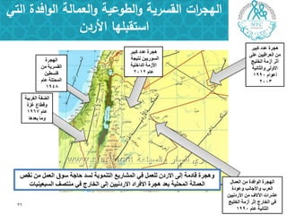 ‫القسرية‬ ‫ات‬‫ر‬‫اليج‬‫التي‬ ‫افدة‬‫و‬‫ال‬ ‫العمالة‬‫و‬ ‫الطوعية‬‫و‬
‫األردن‬ ‫استقبميا‬
36
‫الغرتيح‬ ‫الضفح‬
‫غسج‬ ‫وقطاع‬
‫عام‬1967
‫تعذها‬ ‫وما‬
‫الهدرج‬
‫مه‬ ‫القسريح‬
‫فلسطيه‬
‫عام‬ ‫المحتلح‬
1948
‫كثير‬ ‫عذد‬ ‫هدرج‬
‫على‬ ‫العراقييه‬ ‫مه‬
‫الخليح‬ ‫أزمح‬ ‫أثر‬
‫والثاويح‬ ‫األولى‬
‫أعىام‬1990
2003
‫العمال‬ ‫مه‬ ‫الىافذج‬ ‫الهدرج‬
‫وعىدج‬ ‫واألخاوة‬ ‫العرب‬
‫األردوييه‬ ‫مه‬ ‫اآلالف‬ ‫عشراخ‬
‫الخليح‬ ‫أزمح‬ ‫إثر‬ ‫الخارج‬ ‫في‬
‫عام‬ ‫الثاويح‬1990
‫وقص‬ ‫مه‬ ‫العمل‬ ‫سىق‬ ‫حاخح‬ ‫لسذ‬ ‫التىمىيح‬ ‫المشاريع‬ ‫في‬ ‫للعمل‬ ‫االردن‬ ‫إلى‬ ‫قادمح‬ ‫وهدرج‬
‫السثعيىياخ‬ ‫مىتصف‬ ‫في‬ ‫الخارج‬ ‫إلى‬ ‫االردوييه‬ ‫االفراد‬ ‫هدرج‬ ‫تعذ‬ ‫المحليح‬ ‫العمالح‬
‫كثير‬ ‫عذد‬ ‫هدرج‬
‫وتيدح‬ ‫السىرييه‬
‫الذاخليح‬ ‫األزمح‬
‫عام‬2012
 