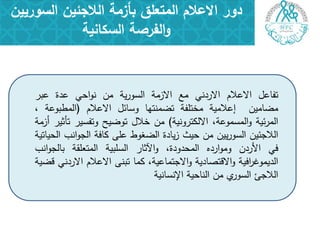 ‫السوريين‬ ‫الالجئين‬ ‫بأزمة‬ ‫المتعمق‬ ‫االعالم‬ ‫دور‬
‫السكانية‬ ‫الفرصة‬‫و‬
‫تفاعل‬‫االعالم‬‫االردني‬‫مع‬‫االزمة‬‫ية‬‫ر‬‫السو‬‫من‬‫احي‬‫و‬‫ن‬‫عدة‬‫عبر‬
‫مضامين‬‫إعالمية‬‫مختمفة‬‫تضمنتها‬‫وسائل‬‫االعالم‬(‫المطبوعة‬،
‫ئية‬‫ر‬‫الم‬،‫المسموعة‬‫و‬‫االلكترونية‬)‫من‬‫خالل‬‫توضيح‬‫وتفسير‬‫تأثير‬‫أزمة‬
‫الالجئين‬‫يين‬‫ر‬‫السو‬‫من‬‫حيث‬‫يادة‬‫ز‬‫الضغوط‬‫عمى‬‫كافة‬‫انب‬‫و‬‫الج‬‫الحياتية‬
‫في‬‫األردن‬‫ارده‬‫و‬‫وم‬،‫المحدودة‬‫اآلثار‬‫و‬‫السمبية‬‫المتعمقة‬‫انب‬‫و‬‫بالج‬
‫افية‬‫ر‬‫الديموغ‬‫االقتصادية‬‫و‬‫االجتماعية‬‫و‬،‫كما‬‫تبنى‬‫االعالم‬‫االردني‬‫قضية‬
‫الالجئ‬‫ي‬‫السور‬‫من‬‫الناحية‬‫اإلنسانية‬
 