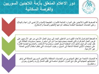 ‫السوريين‬ ‫الالجئين‬ ‫بأزمة‬ ‫المتعمق‬ ‫االعالم‬ ‫دور‬
‫السكانية‬ ‫الفرصة‬‫و‬
•‫اٌغج١ؼ١خ‬ ‫وبٌّٛاسد‬ ‫اٌّزبؽخ‬ ‫اٌّٛاسد‬ ٍٝ‫ػ‬ ٓ١‫ٌالعئ‬ ‫اٌىج١شح‬ ‫اٌضغٛط‬(‫ٚاٌج١ئخ‬ ‫اٌضساػ١خ‬ ٟ‫ٚاألساض‬ ٖ‫اٌّ١ب‬)،
‫أٔٛاػٙب‬ ‫ثّخزٍف‬ ‫اٌّمذِخ‬ ‫اٌّغزّؼ١خ‬ ‫اٌخذِبد‬ ٍٝ‫ٚػ‬(ْ‫ٚاإلسىب‬ ‫ٚاٌظؾخ‬ ُ١ٍ‫اٌزؼ‬.)
•ٍٝ‫ػ‬ ٓ١١ٔ‫األسد‬ ‫غ١ش‬ ِٓ ٟٔ‫األسد‬ ًّ‫اٌؼ‬ ‫سٛق‬ ٌٝ‫إ‬ ‫اٌغذد‬ ٓ١ٍ‫اٌذاخ‬ ِٓ ‫اٌىج١شح‬ ‫ٌألػذاد‬ ً‫اٌّزٛاط‬ ‫اٌضغظ‬
ٟ‫ف‬ ،‫اٌجغبٌخ‬ ‫ِسزٛ٠بد‬ ‫طؼٛد‬ ‫اسزّشاس‬ ٌٝ‫إ‬ ٜ‫أد‬ ‫ِّب‬ ‫ثّؾذٚد٠زٙب‬ ‫رزظف‬ ٟ‫ٚاٌز‬ ‫اٌّزٛافشح‬ ًّ‫اٌؼ‬ ‫فشص‬
‫اٌمبدسح‬ ‫اٌغذ٠ذح‬ ‫ٚاٌّشبس٠غ‬ ‫االسزضّبس‬ ‫ِٚؾذٚد٠خ‬ ،ًّ‫اٌؼ‬ ‫ٌسٛق‬ ‫إٌّظّخ‬ ‫ٚاإلعشاءاد‬ ‫اٌجشاِظ‬ ‫غ١بة‬ ً‫ظ‬
‫اٌؼبٍِخ‬ ٞ‫األ٠ذ‬ َ‫اسزمذا‬ ُ‫رٕظ‬ ٟ‫اٌز‬ ‫اٌس١بسبد‬ ‫ٚغ١بة‬ ،‫اٌسٛق‬ ٌٝ‫إ‬ ‫اٌذاخٍخ‬ ‫اٌؼبٍِخ‬ ٞ‫األ٠ذ‬ ‫اسز١ؼبة‬ ٍٝ‫ػ‬
‫األسدٔ١خ‬ ‫غ١ش‬.
•‫رٛف١ش‬ ٟ‫ف‬ ‫اٌّزّضٍخ‬ ٓ١٠‫اٌسٛس‬ ٓ١‫ٚاٌالعئ‬ ‫اٌّخزٍفخ‬ ‫اٌغٕس١بد‬ ِٓ ٓ٠‫اٌّٙبعش‬ ‫رذفك‬ ٓ‫ػ‬ ‫إٌبعّخ‬ ‫اٌزؾذ٠بد‬
‫اٌشّبي‬ ُ١ٍ‫إل‬ ٟ‫ف‬ ‫خبطخ‬ ‫اٌّزٛفشح‬ ‫اٌّٛاسد‬ ‫شؼ‬ ً‫ظ‬ ٟ‫ف‬ ‫اٌّؼ١ش١خ‬ ُٙ‫اؽز١بعبر‬(‫ٚعشش‬ ‫ٚاٌّفشق‬ ‫إسثذ‬
ٍْٛ‫ٚػغ‬.)
 