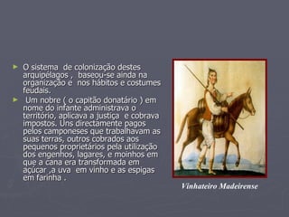 O sistema  de colonização destes arquipélagos ,  baseou-se ainda na organização e  nos hábitos e costumes feudais. Um nobre ( o capitão donatário ) em nome do infante administrava o território, aplicava a justiça  e cobrava impostos. Uns directamente pagos pelos camponeses que trabalhavam as suas terras, outros cobrados aos pequenos proprietários pela utilização dos engenhos, lagares, e moinhos em que a cana era transformada em açúcar ,a uva  em vinho e as espigas em farinha .  Vinhateiro Madeirense 