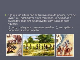 E já que na altura não se tratava nem de povoar, nem de lavrar  ou  administrar estes territórios, já ocupados e civilizados, mas sim de aproveitar com lucro as suas riquezas ( ouro,  malagueta , escravos  marfim ..), ao capitão –donatário, sucedeu o feitor. 