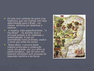 Foi pois num contexto de grave crise financeira, que nos viramos com mais determinação para o Brasil , um imenso  território por desbravar e explorar. A madeira, mais especificamente , “o Pau-Brasil”  , foi durante anos o principal produto a ser explorado e comercializado. A sua cor, avermelhada como as brasas, explica o nome que então lhe deram. Nesta altura  a procura desta matéria prima para a construção naval, era grande, por cá e entre os  países europeus,  que tal como nós estavam envolvidos num processo de expansão marítima e territorial.  