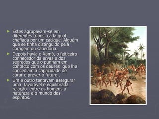 Estes agrupavam-se em diferentes tribos, cada qual chefiada por um cacique. Alguém que se tinha distinguido pela coragem ou sabedoria.  Depois havia o Xamã, o feiticeiro conhecedor da ervas e dos segredos que o punham em contacto com os deuses  que lhe concediam a capacidade de  curar e prever o futuro .  Um e outro tentavam assegurar uma  favorável e equilibrada relação  entre os homens a natureza e o mundo dos espíritos. 