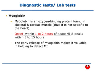 Diagnostic tests/ Lab tests
• Myoglobin
– Myoglobin is an oxygen-binding protein found in
skeletal & cardiac muscle (thus it is not specific to
the heart)
– Onset within 1 to 2 hours of acute MI & peaks
within 3 to 15 hours
– The early release of myoglobin makes it valuable
in helping to detect MI
 