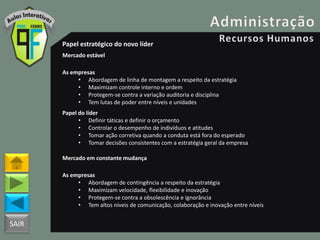 SAIR
Papel estratégico do novo líder
Mercado estável
As empresas
• Abordagem de linha de montagem a respeito da estratégia
• Maximizam controle interno e ordem
• Protegem-se contra a variação auditoria e disciplina
• Tem lutas de poder entre níveis e unidades
Papel do líder
• Definir táticas e definir o orçamento
• Controlar o desempenho de indivíduos e atitudes
• Tomar ação corretiva quando a conduta está fora do esperado
• Tomar decisões consistentes com a estratégia geral da empresa
Mercado em constante mudança
As empresas
• Abordagem de contingência a respeito da estratégia
• Maximizam velocidade, flexibilidade e inovação
• Protegem-se contra a obsolescência e ignorância
• Tem altos níveis de comunicação, colaboração e inovação entre níveis
 