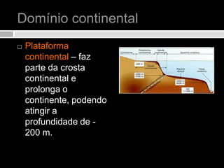 Domínio continentalPlataforma continental – faz parte da crosta continental e prolonga o continente, podendo atingir a profundidade de -200 m.