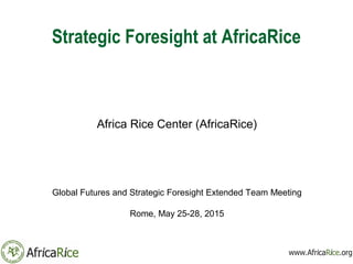 Strategic Foresight at AfricaRice
Africa Rice Center (AfricaRice)
Global Futures and Strategic Foresight Extended Team Meeting
Rome, May 25-28, 2015
 