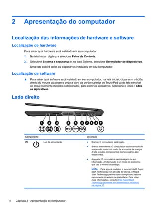2 Apresentação do computador
Localização das informações de hardware e software
Localização de hardware
Para saber qual hardware está instalado em seu computador:
1. Na tela Iniciar, digite p e selecione Painel de Controle.
2. Selecione Sistema e segurança e, na área Sistema, selecione Gerenciador de dispositivos.
Uma lista exibirá todos os dispositivos instalados em seu computador.
Localização de software
▲ Para saber qual software está instalado em seu computador, na tela Iniciar, clique com o botão
direito do mouse ou passe o dedo a partir da borda superior do TouchPad ou da tela sensível
ao toque (somente modelos selecionados) para exibir os aplicativos. Selecione o ícone Todos
os Aplicativos.
Lado direito
Componente Descrição
(1) Luz de alimentação ● Branca: O computador está ligado.
● Branca intermitente: O computador está no estado de
suspensão, que é um modo de economia de energia.
A tela e outros componentes desnecessários são
desativados.
● Apagada: O computador está desligado ou em
hibernação. A hibernação é um modo de economia
que usa o mínimo de energia.
NOTA: Para alguns modelos, o recurso Intel® Rapid
Start Technology vem ativado de fábrica. A Rapid
Start Technology permite que o computador retorne
rapidamente do estado de inatividade. Para obter
mais informações, consulte Intel Rapid Start
Technology (somente em determinados modelos)
na página 37.
4 Capítulo 2 Apresentação do computador
 