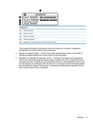 Componente
(1) Nome do produto
(2) Número de série
(3) Número do produto
(4) Período de garantia
(5) Descrição do modelo (somente em determinados modelos)
Tenha essas informações à mão quando entrar em contato com o suporte. A etiqueta de
manutenção fica na parte inferior do seu computador.
● Etiqueta de regulamentação — fornece informações regulamentares sobre o computador. A
etiqueta de regulamentação fica na parte inferior do seu computador.
● Etiquetas de certificação de dispositivo sem fio — Fornecem informações sobre dispositivos
sem fio e as marcas aprovadas por alguns países ou regiões nos quais os dispositivos foram
aprovados para uso. O modelo do seu computador inclui um ou mais dispositivos sem fio; uma
ou mais etiquetas de certificação vêm incluídas com o computador. Essas informações podem
ser necessárias em viagens internacionais. As etiquetas de certificação de dispositivo sem fio
ficam na parte inferior do seu computador.
Etiquetas 13
 