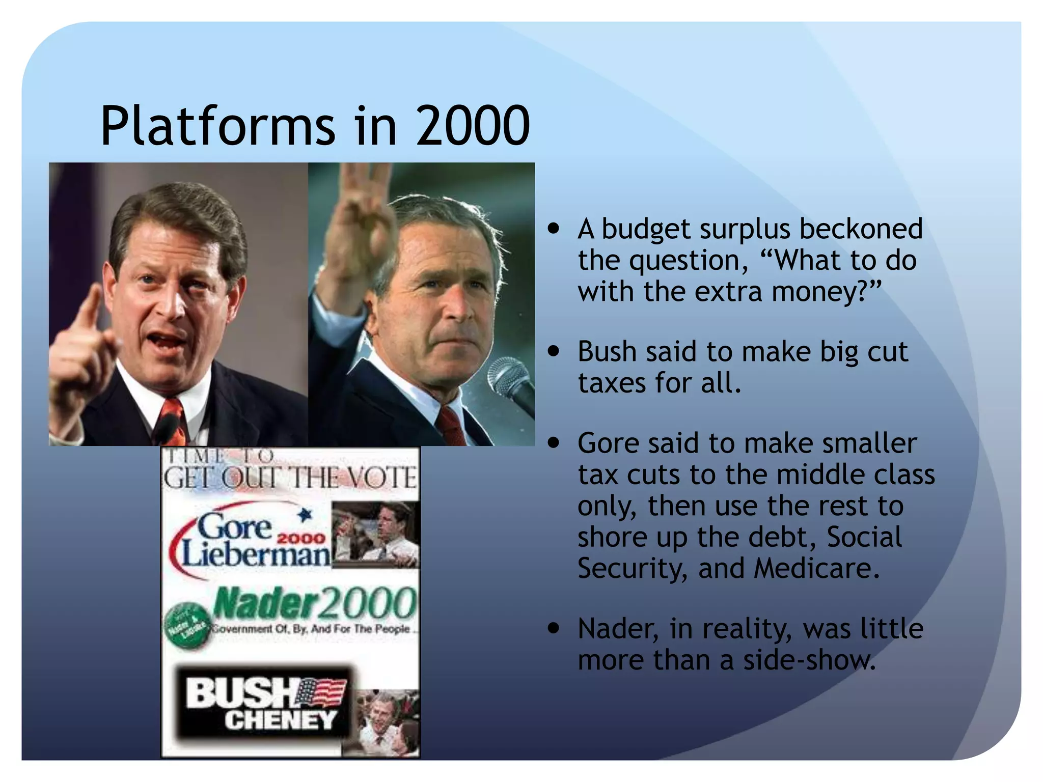 Platforms in 2000
 A budget surplus beckoned
the question, ―What to do
with the extra money?‖
 Bush said to make big cut
taxes for all.
 Gore said to make smaller
tax cuts to the middle class
only, then use the rest to
shore up the debt, Social
Security, and Medicare.
 Nader, in reality, was little
more than a side-show.
 