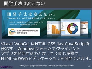 開発手法は変えない

Visual WebGui はHTML CSS JavaJavaScriptを
使わず、Windowsフォームでクライアント
アプリを開発するのとまったく同じ感覚で
HTML5のWebアプリケーションを開発できます。
http://www.grapecity.com/tools/info/visualwebgui/index.htm

17

 