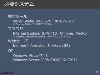 必要システム
開発ツール
Visual Studio 2008 SP1／2010／2012
※ Express Editionでは使用できません。

ブラウザ
Internet Explorer 8／9／10、Chrome、Firefox
※ Internet Explorerの互換表示はサポートしていません。

Webサーバー
Internet Information Services (IIS)

OS
Windows Vista／7／8
Windows Server 2008／2008 R2／2012

23

 