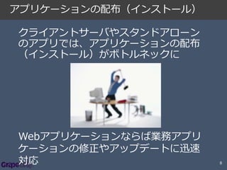 アプリケーションの配布（インストール）

クライアントサーバやスタンドアローン
のアプリでは、アプリケーションの配布
（インストール）がボトルネックに

Webアプリケーションならば業務アプリ
ケーションの修正やアップデートに迅速
対応

8

 