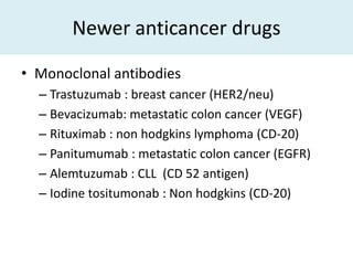 Newer anticancer drugs

• Monoclonal antibodies
  – Trastuzumab : breast cancer (HER2/neu)
  – Bevacizumab: metastatic colon cancer (VEGF)
  – Rituximab : non hodgkins lymphoma (CD-20)
  – Panitumumab : metastatic colon cancer (EGFR)
  – Alemtuzumab : CLL (CD 52 antigen)
  – Iodine tositumonab : Non hodgkins (CD-20)
 