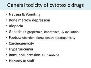 General toxicity of cytotoxic drugs
•   Nausea & Vomiting
•   Bone marrow depression
•   Alopecia
•   Gonads: Oligospermia, impotence, ↓ ovulation
•   Foetus: Abortion, foetal death, teratogenicity
•   Carcinogenicity
•   Hyperuricemia
•   Immunosupression: Fludarabine
•   Hazards to staff
 