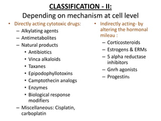 CLASSIFICATION - II:
      Depending on mechanism at cell level
• Directly acting cytotoxic drugs:   • Indirectly acting- by
   – Alkylating agents                 altering the hormonal
   – Antimetabolites                   mileau :
   – Natural products                   – Corticosteroids
      • Antibiotics                     – Estrogens & ERMs
      • Vinca alkaloids                 – 5 alpha reductase
                                           inhibitors
      • Taxanes
                                        – Gnrh agonists
      • Epipodophyllotoxins
                                        – Progestins
      • Camptothecin analogs
      • Enzymes
      • Biological response
         modifiers
   – Miscellaneous: Cisplatin,
     carboplatin
 
