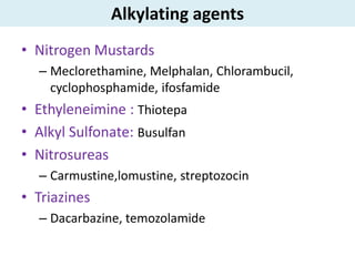 Alkylating agents
• Nitrogen Mustards
  – Meclorethamine, Melphalan, Chlorambucil,
    cyclophosphamide, ifosfamide
• Ethyleneimine : Thiotepa
• Alkyl Sulfonate: Busulfan
• Nitrosureas
  – Carmustine,lomustine, streptozocin
• Triazines
  – Dacarbazine, temozolamide
 